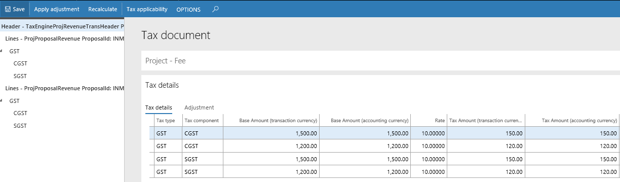 Tax document page when updating additional fees.