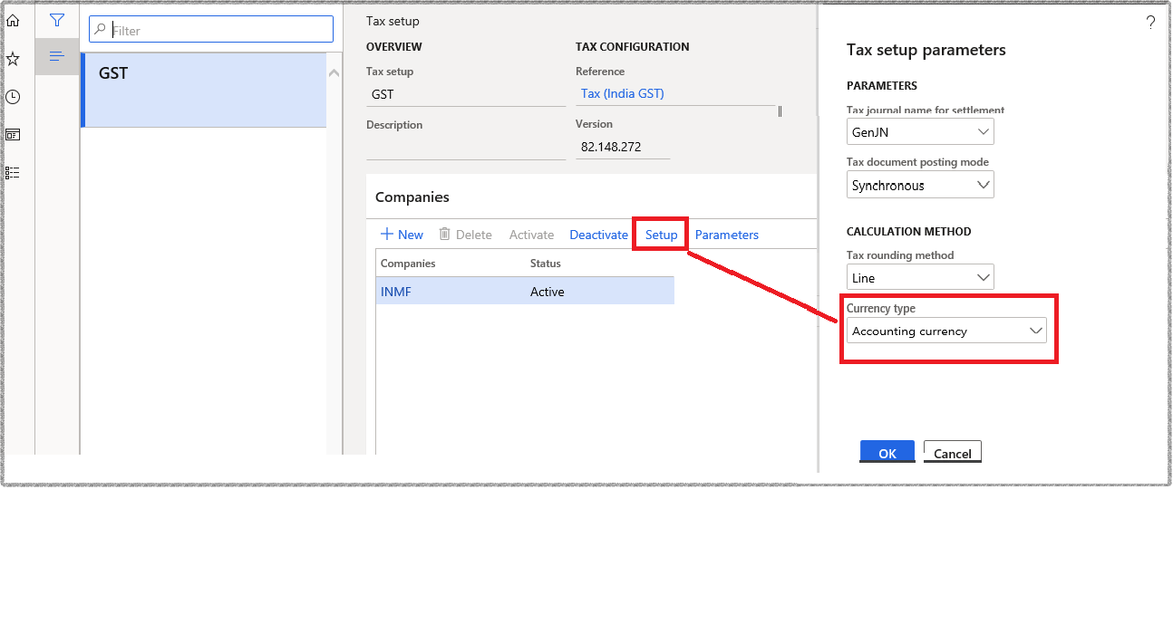 Tax setup parameters, currency type.