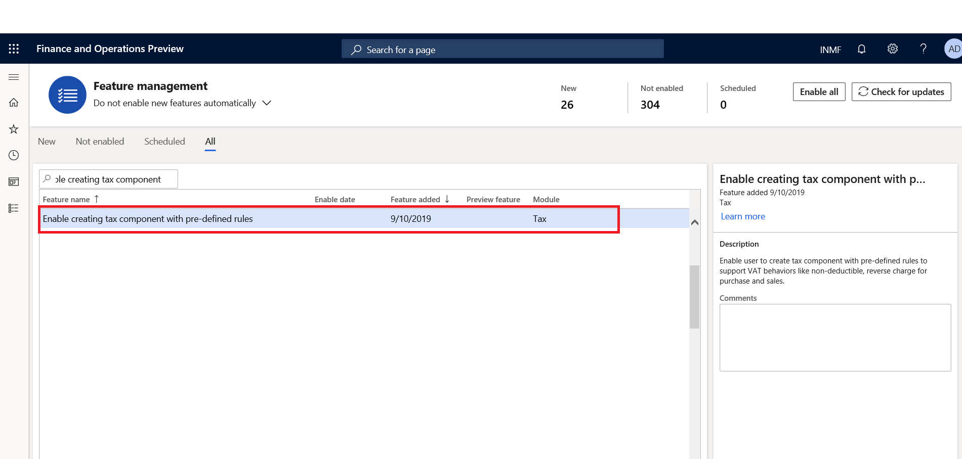 Feature management, Enable creating tax component with pre-defined rules.