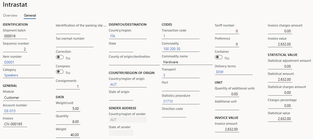 Sales order details on the General tab of the Intrastat page