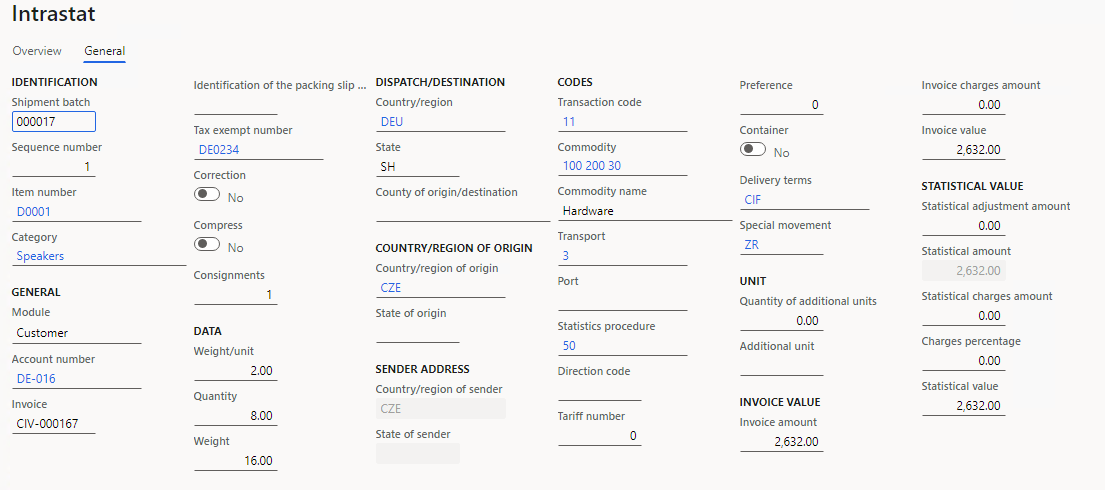 Purchase order details on the General tab of the Intrastat page