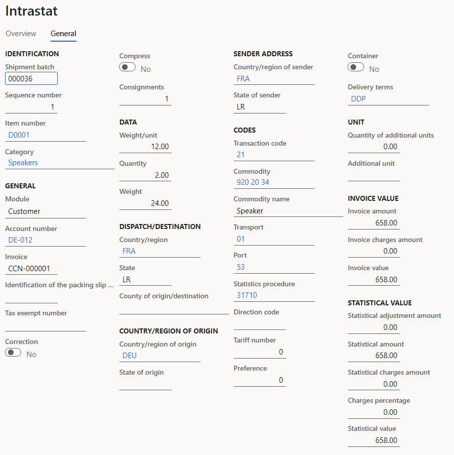 Details of the physical return of goods on the General tab of the Intrastat page