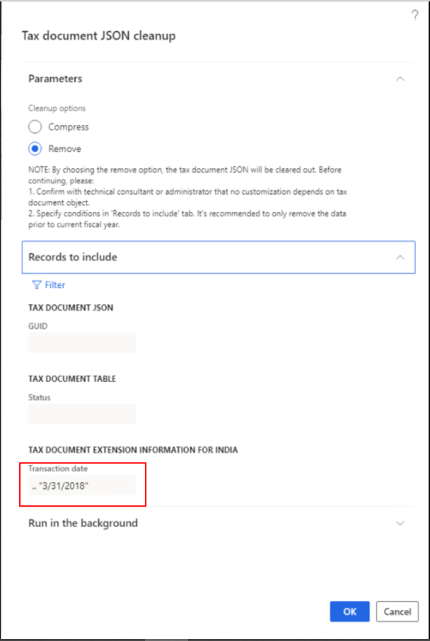 Transaction date field in the Tax document extension information for India section.