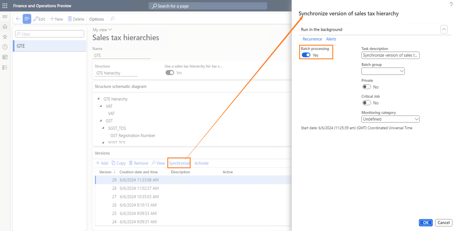 Syncing a tax hierarchy in batch mode.