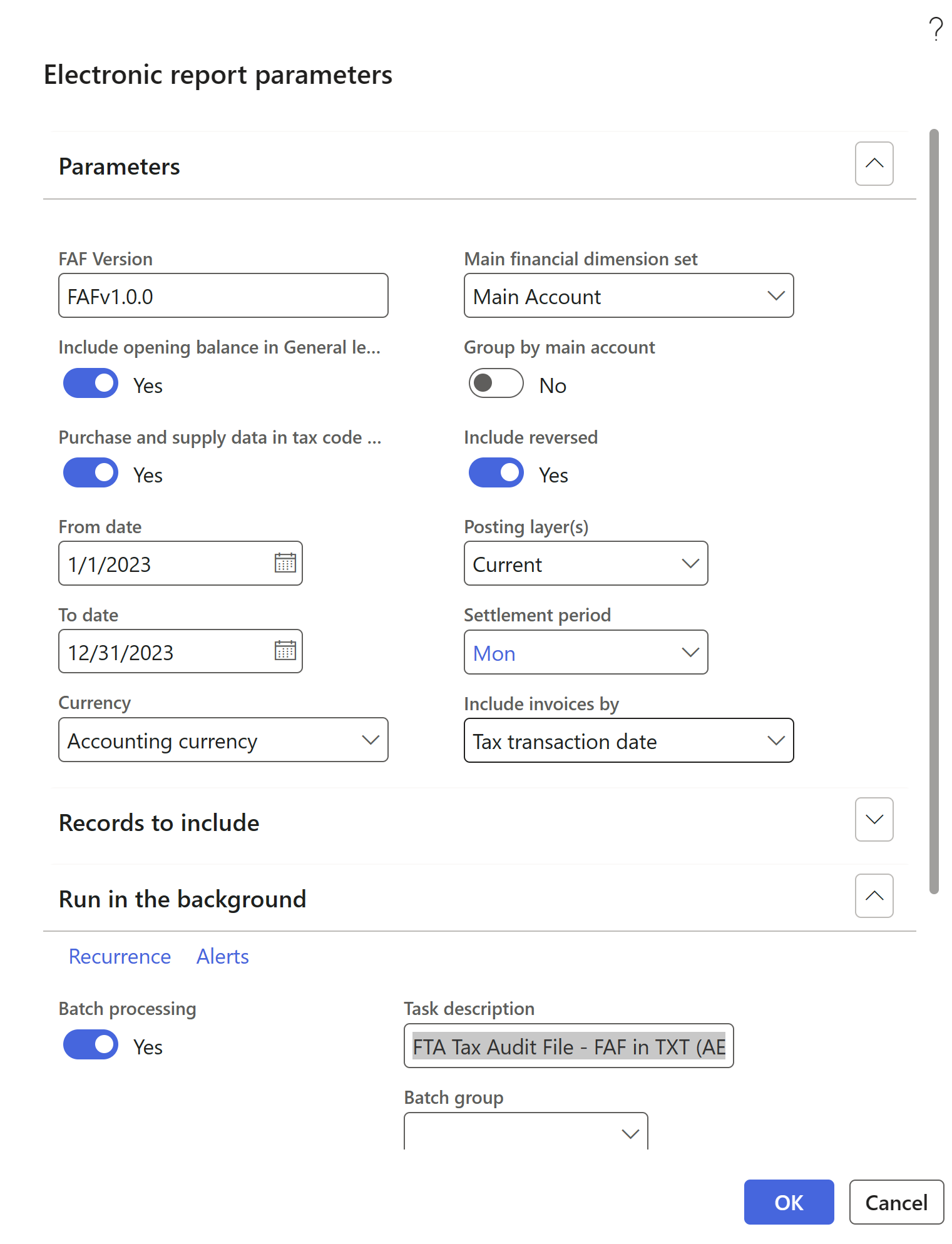 Example the Electronic report parameters dialog box for a FAF.