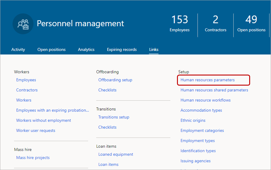 Valitse Henkilöstöhallintoparametrit.