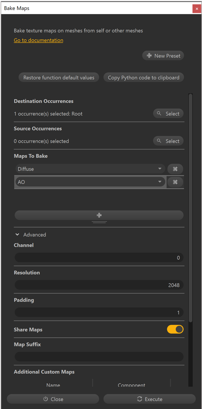 Bake Maps dialog box showing Maps to Bake field.