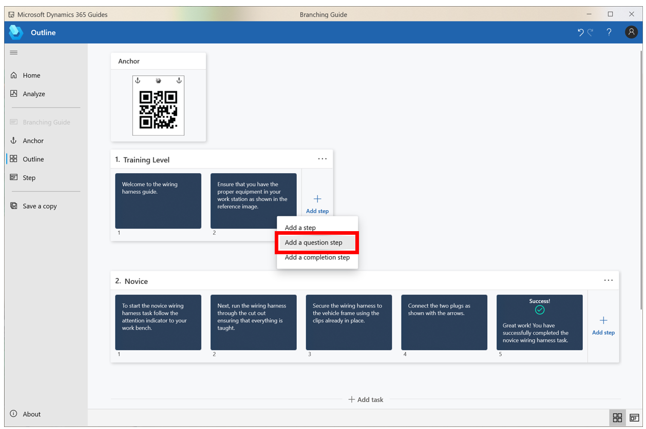 Outline view with Add step command.