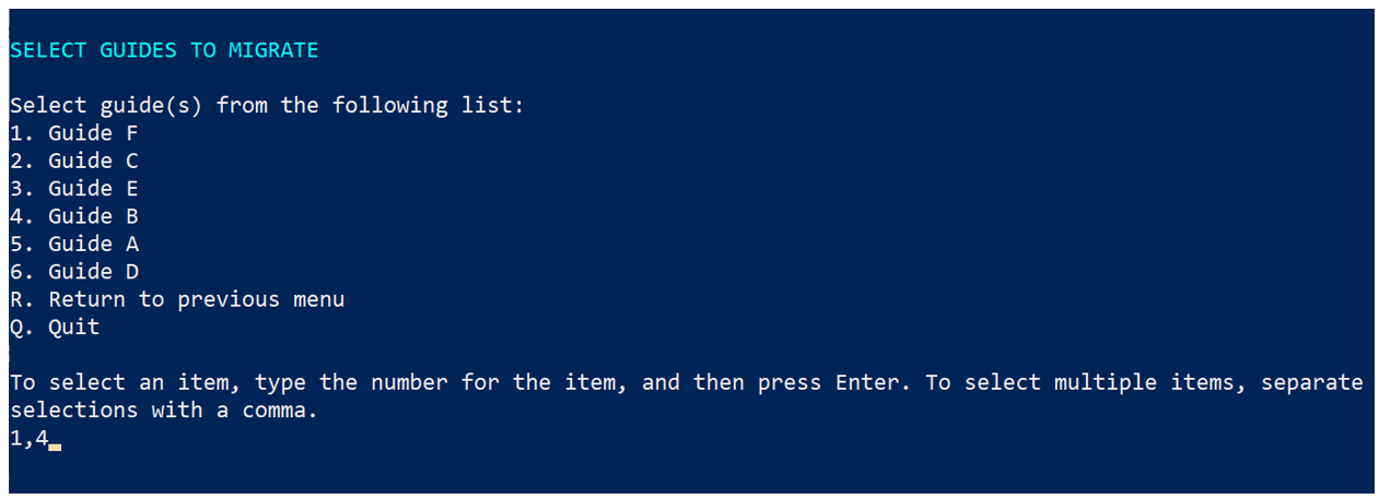 Selecting multiple options on the Select Guides to Migrate page.