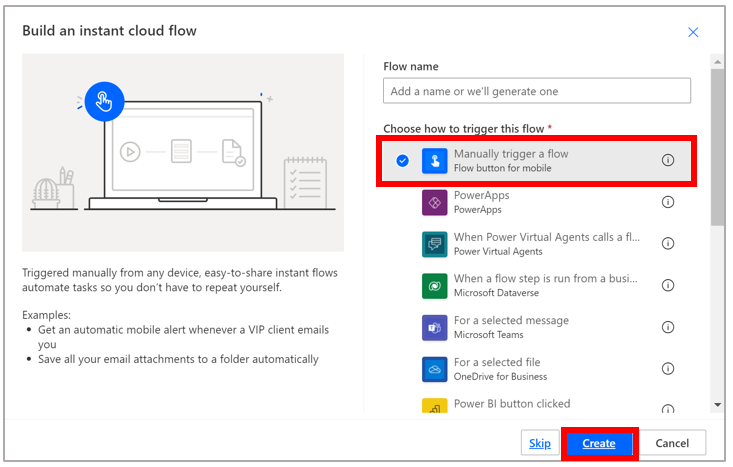 Power Automate screen with Manually trigger a flow selected.