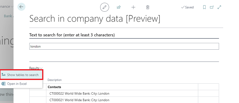 Näkyvissä Näytä haettavat taulukot -toiminto Haku yrityksen tiedoista -sivulla