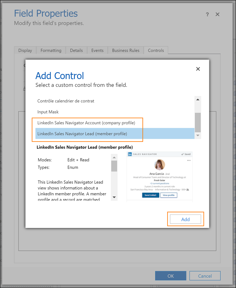 Screenshot of click path to add a Sales Navigator control.