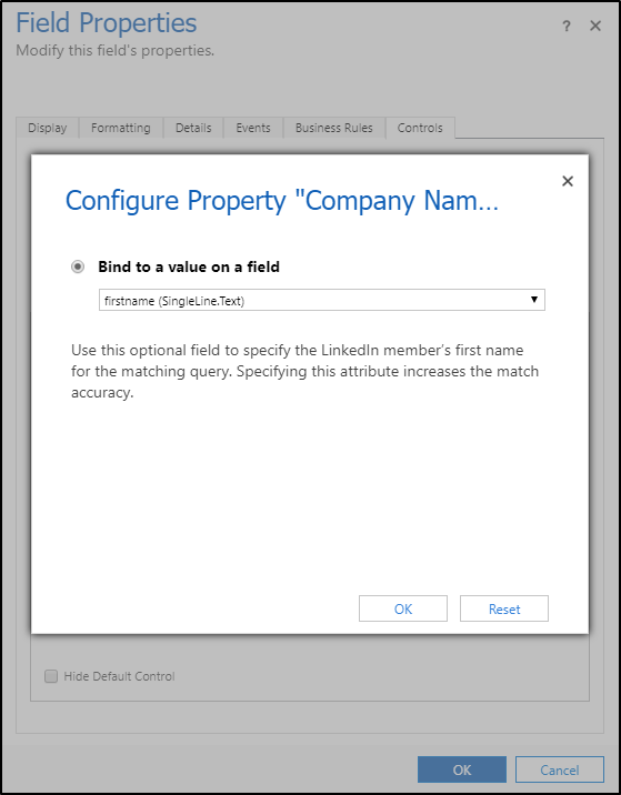 Screenshot of bind value on a field dialog box.