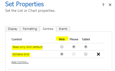 Näyttökuva Grid-ohjausobjektin ominaisuusasetuksista.