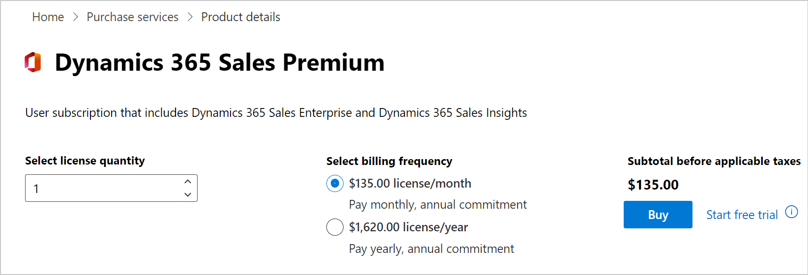 Näyttökuvassa Dynamics 365 Sales Premium -käyttöoikeuden ostosivu