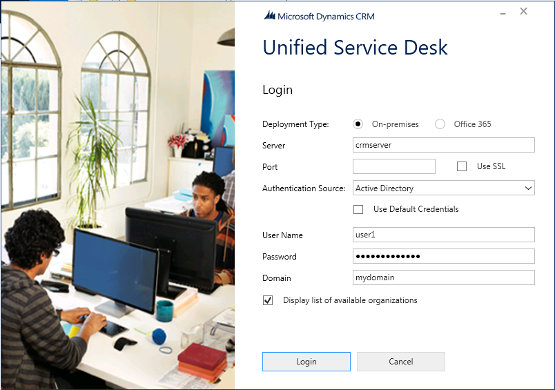 Unified Service Desk -asiakasohjelman kirjautumisnäyttö