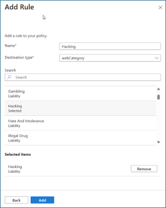 Screenshot of Add Rule with Hacking in Selected items.
