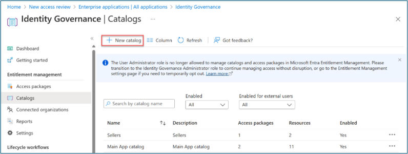 Screenshot of New access review, Enterprise applications, All applications, Identity Governance, New catalog.