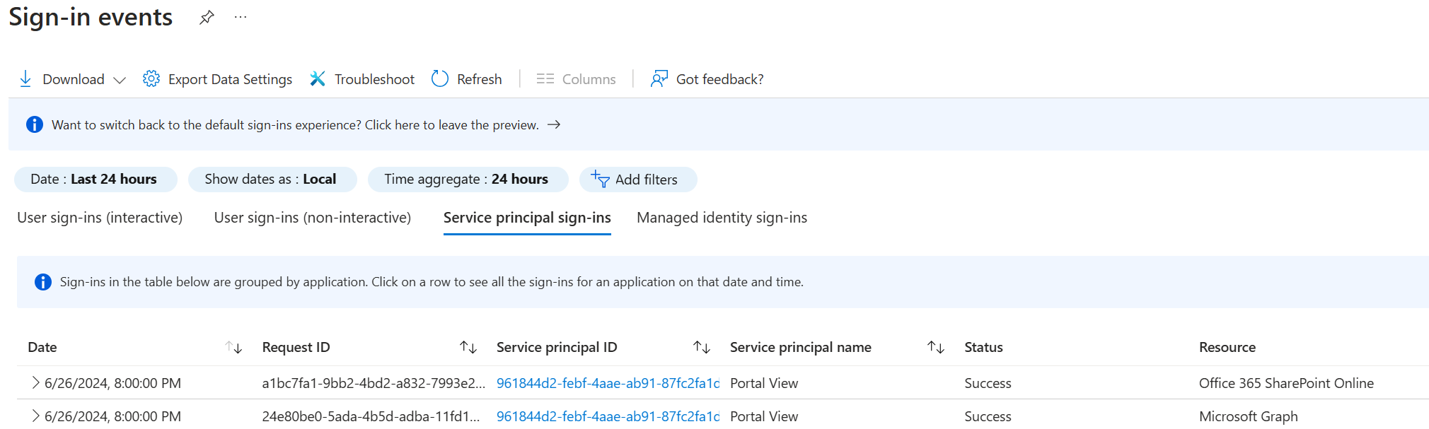 Screenshot of service principal sign-ins.