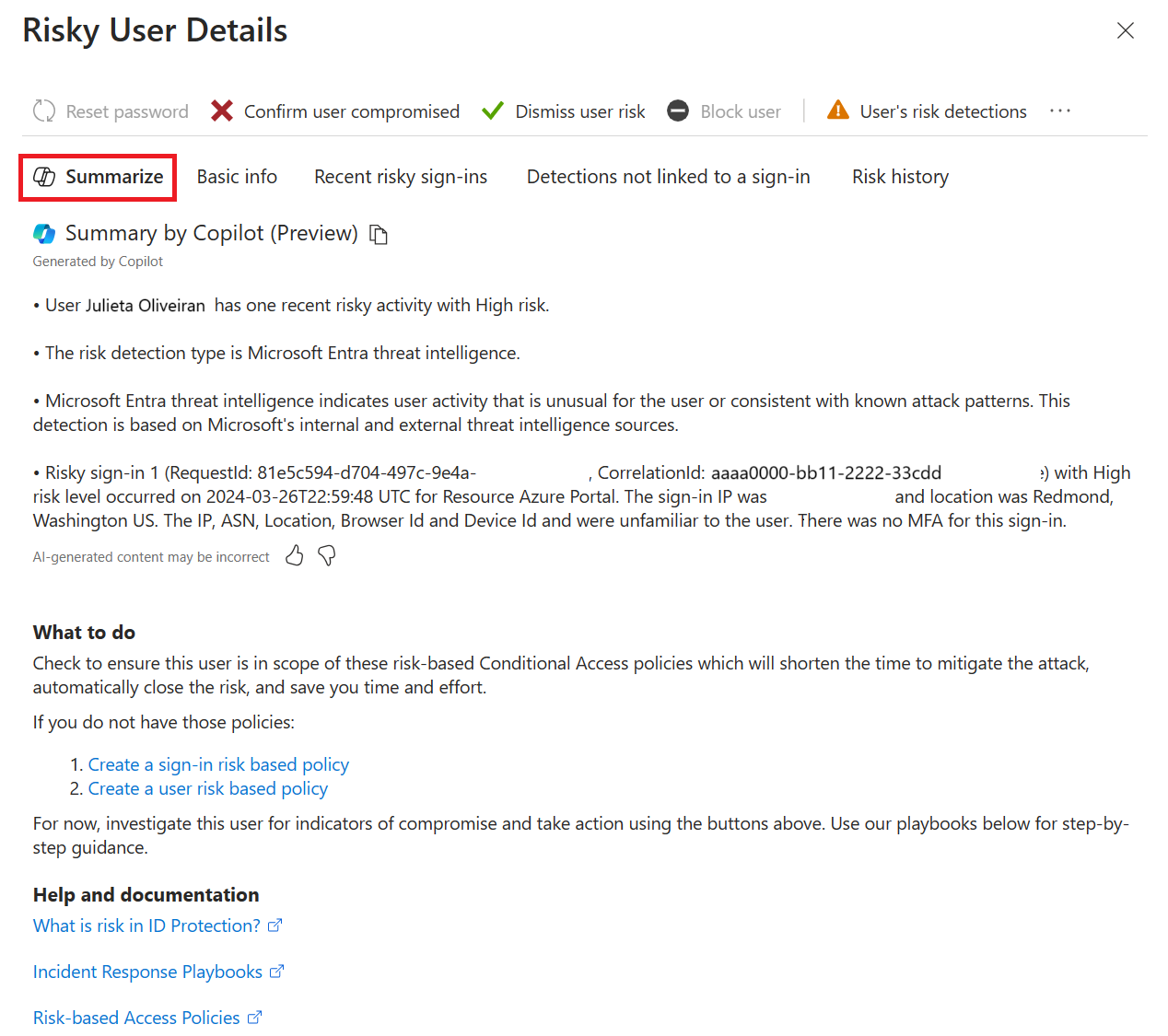 Screenshot that shows the ID Protection risky user summarization details.