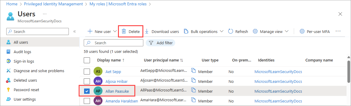 Screenshot of the All users page with a user selected and the Delete button highlighted.