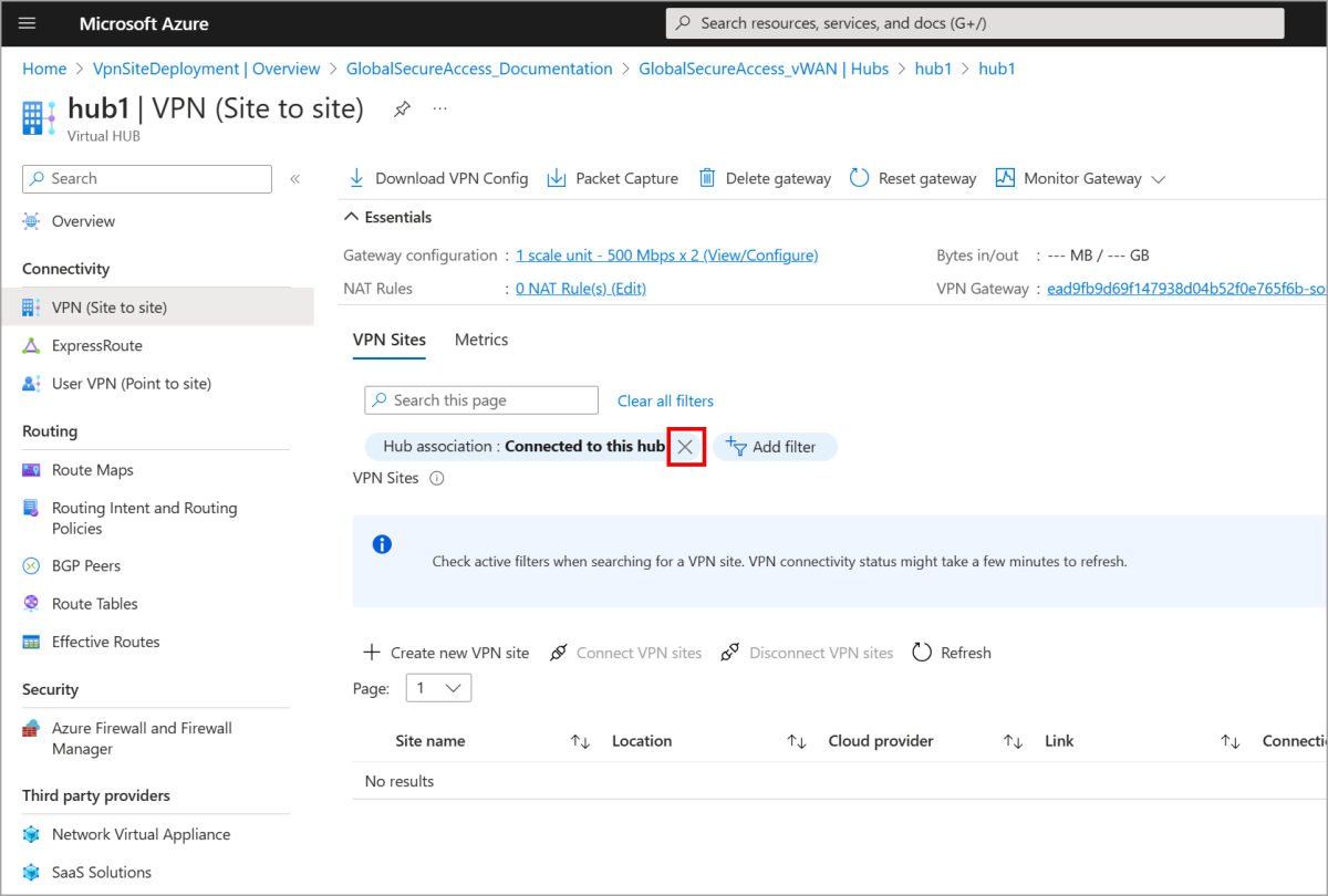 Screenshot of the VPN (Site to site) page with the X highlighted for the hub association filter.