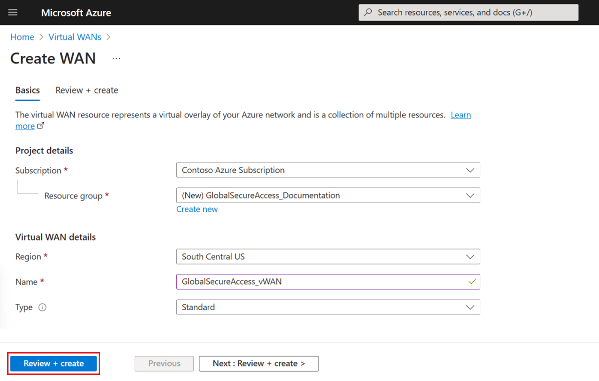 Screenshot of the Create WAN page with completed fields.