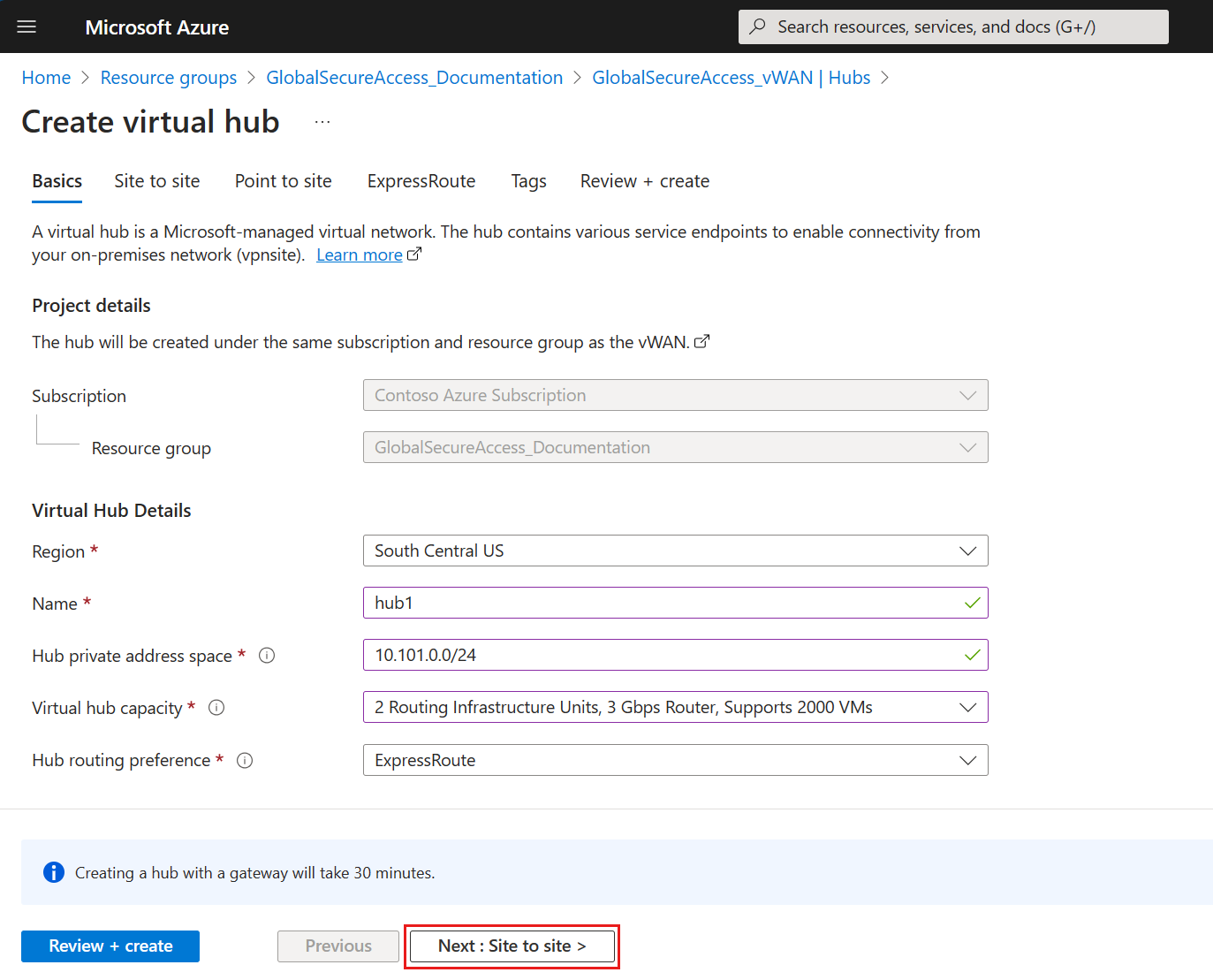 Screenshot of the Create virtual hub page, on the Basics tab, with completed fields.