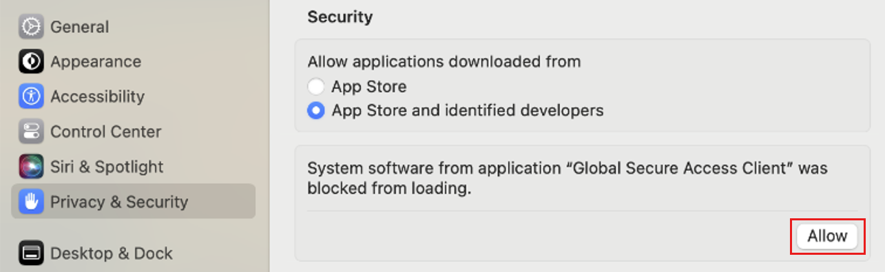 Screenshot of the System Settings, open to the Privacy & Security options, showing a blocked application message, with the Allow button highlighted.