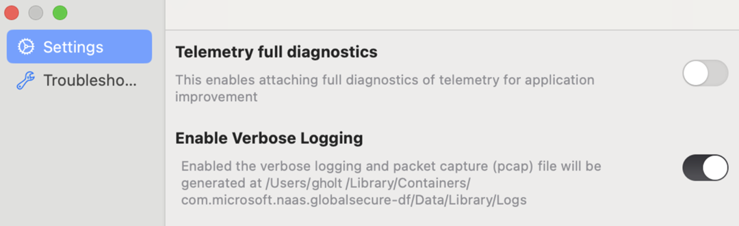 Screenshot of the macOS Settings and Troubleshooting view, with the Settings tab selected.