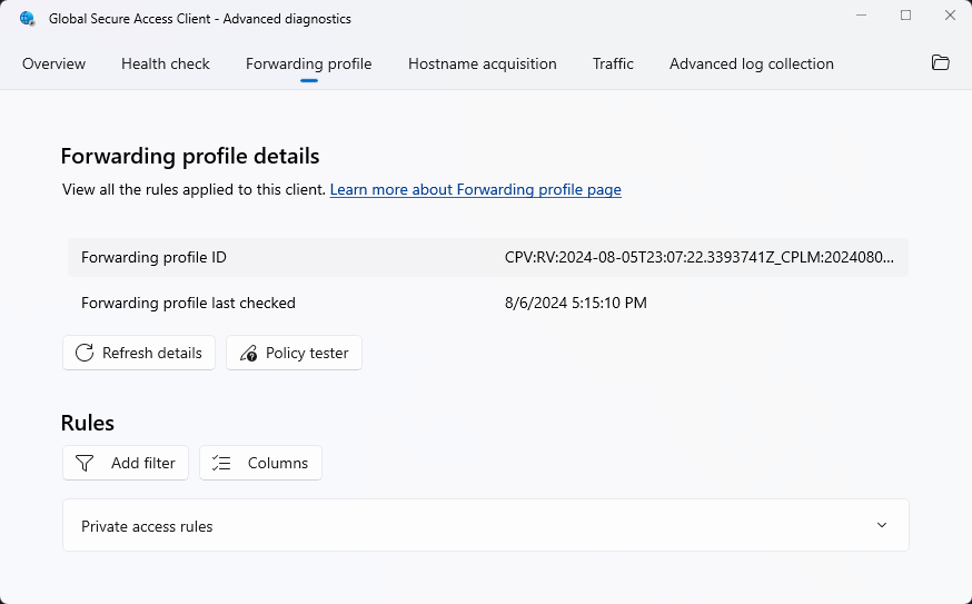 Screenshot showing the Global Secure Access Client - Advanced diagnostics dialog box on the Forwarding profile tab.