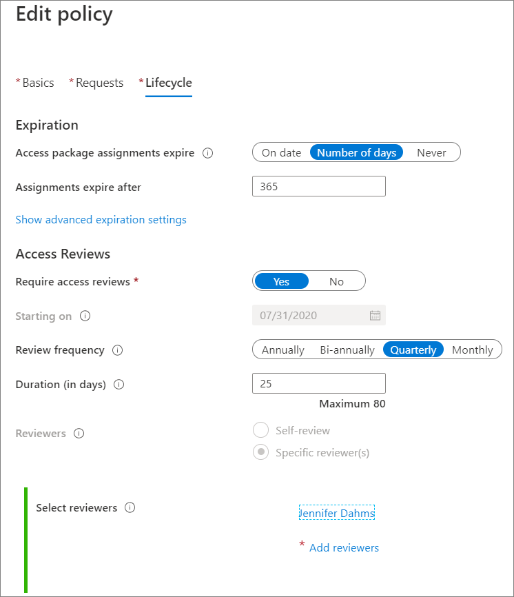 Screenshot that shows the Lifecycle tab.