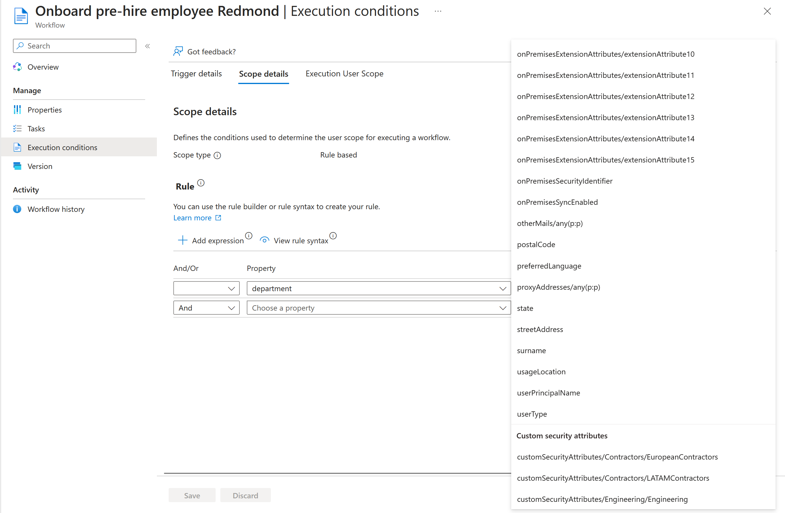 Screenshot of a list of custom security attributes on the scope screen.