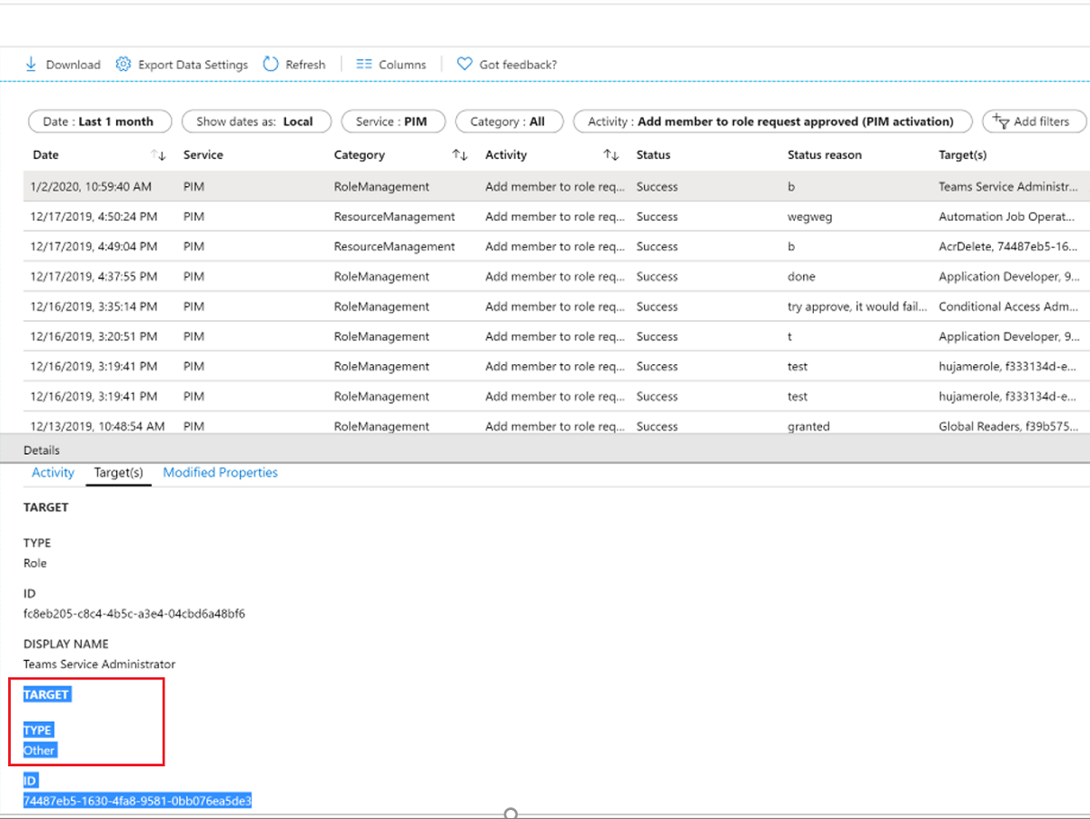 Screenshot showing how to check the target type.