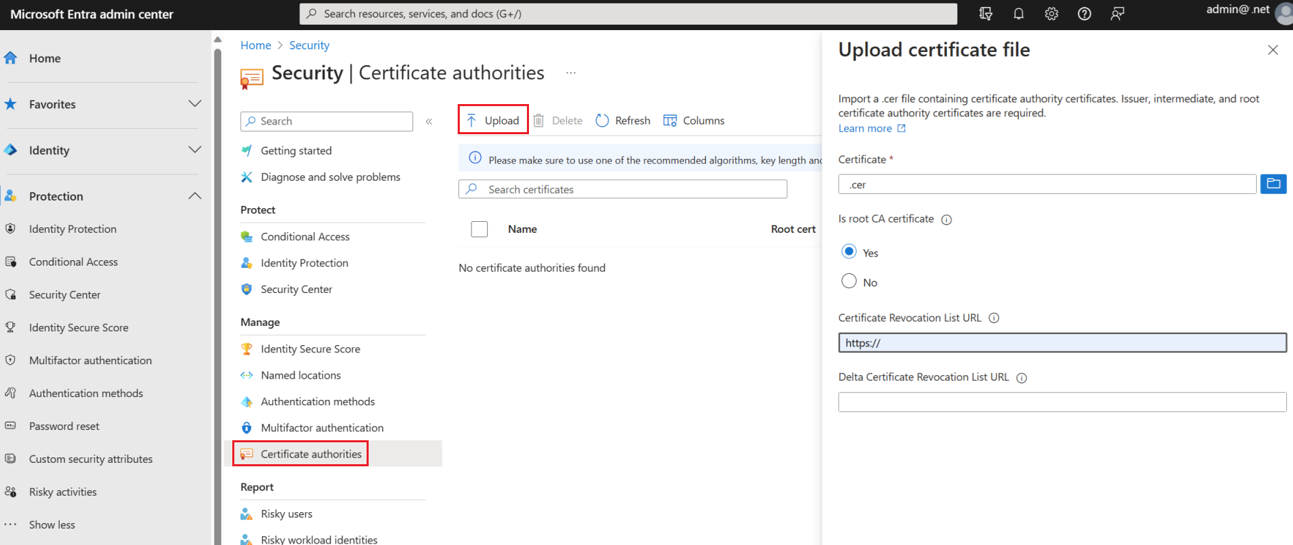 Screenshot of how to upload certificate authority file.