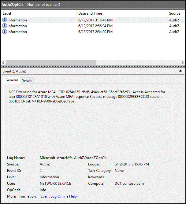 Example Event Viewer AuthZ logs pane