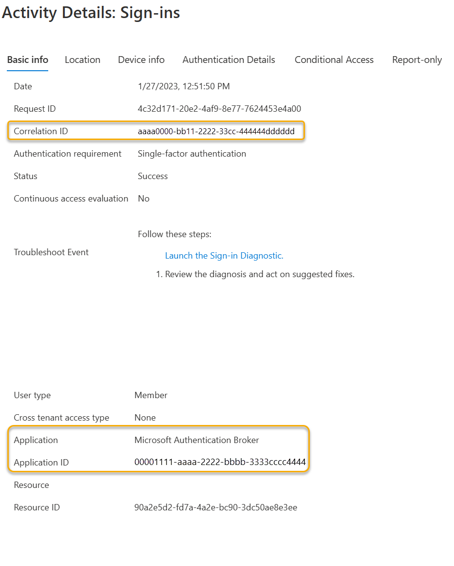 Screenshot showing the interactive User Sign-ins from Microsoft Entra ID showing an interactive sign into the Microsoft Authentication Broker Service.