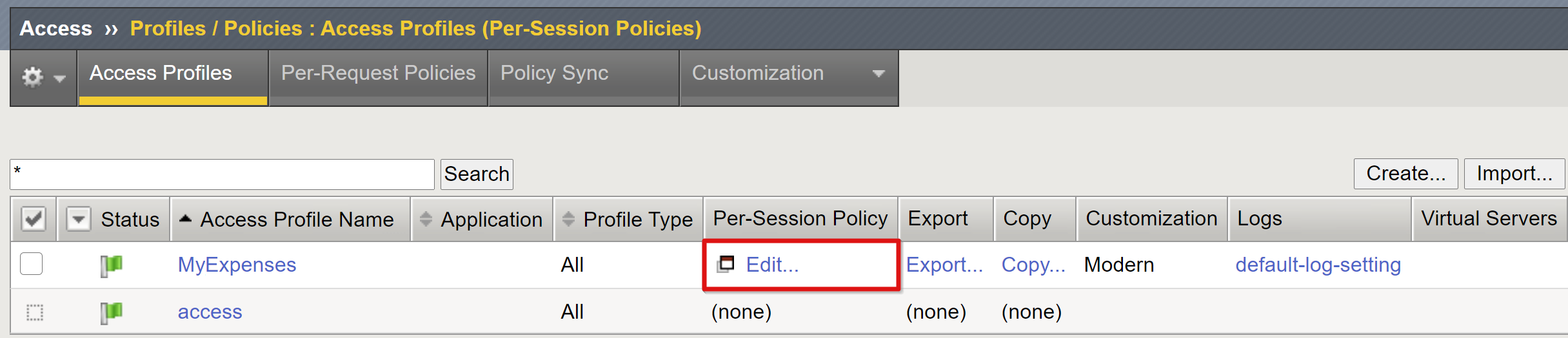 Screenshot of Edit option under Per Session Policy.