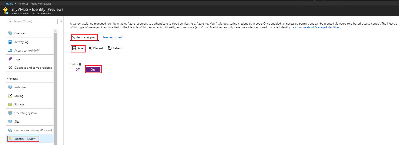 Screenshot shows "Identity (preview)" page with "System assigned" selected, the Status "On", and the "Save" button highlighted.
