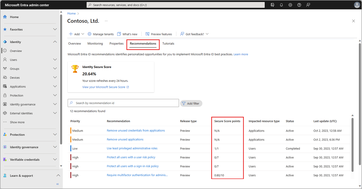 Screenshot of the recommendations list with the secure score recommendations highlighted.