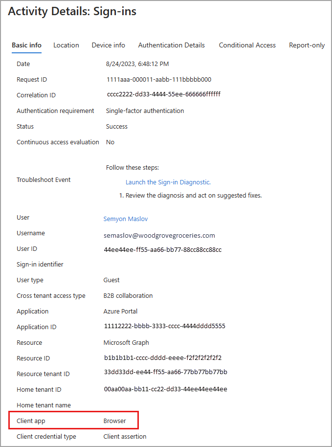 Screenshot of the sign-in details, with the client app detail highlighted.