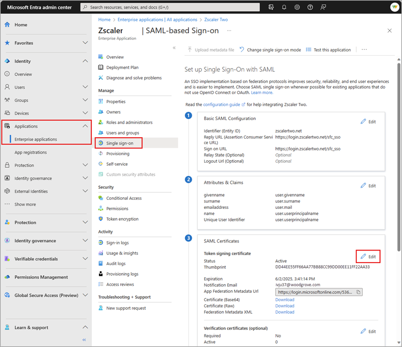 Screenshot of the edit single-sign-on process.