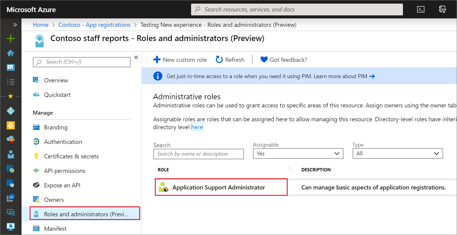 List app registration role assignments from the App registrations page