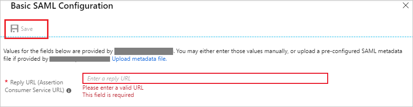 Screenshot that shows the "Basic S A M L Configuration" section with the "Reply U R L" field highlighted and the "Save" button selected.