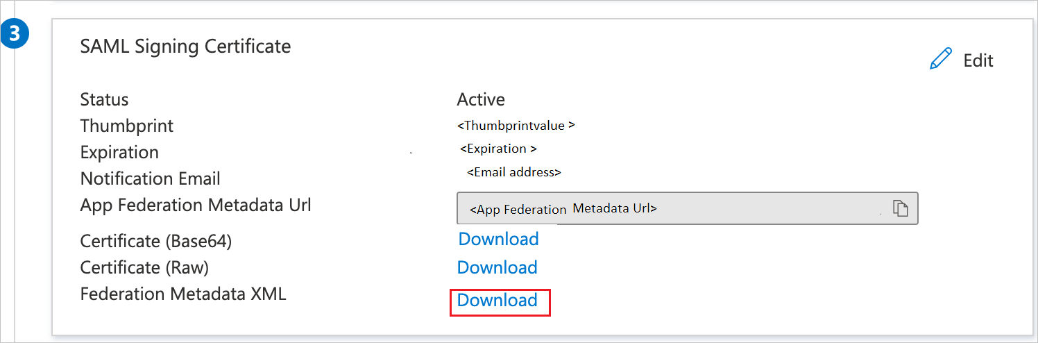 Screenshot of SAML Signing Certificate with Download highlighted.