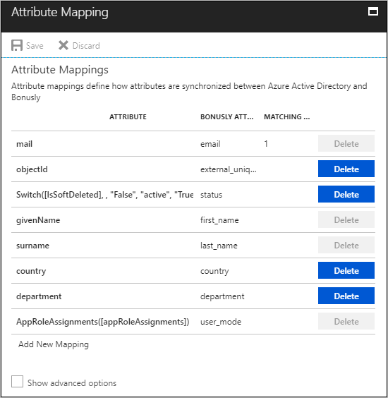 Screenshot of the Attribute Mappings page. A table lists Microsoft Entra attributes, corresponding Bonusly attributes, and the matching status.