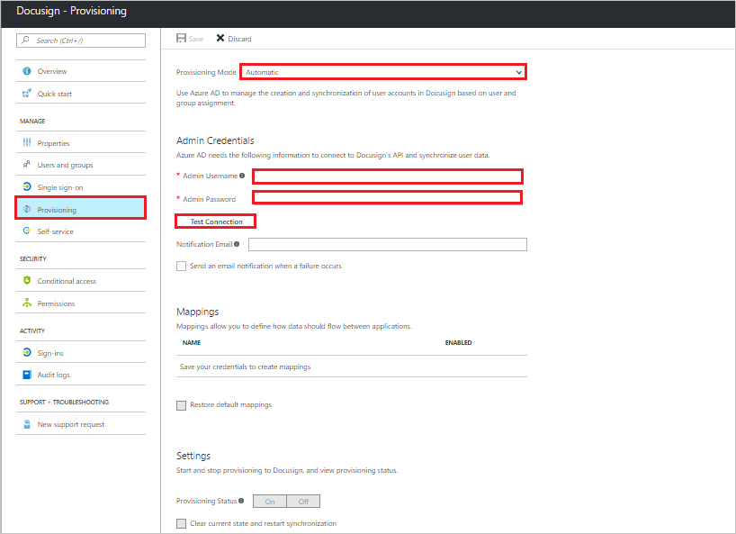 Screenshot of the Provisioning tab for DocuSign in Azure portal. Provisioning Mode is set to Automatic and Admin Username, Password and Test Connection are highlighted.