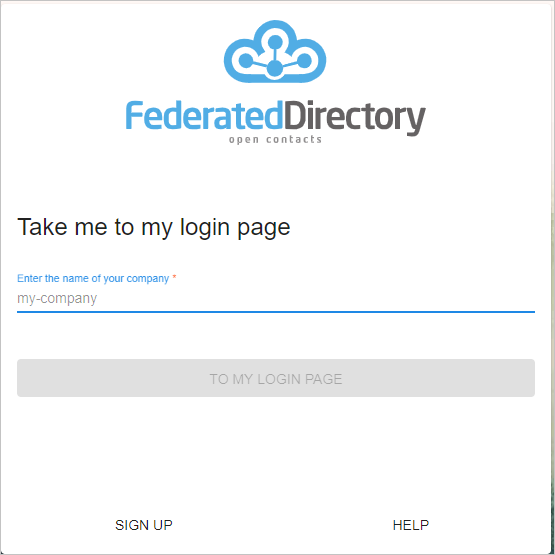 Screenshot of the Federated Directory admin console showing a field for entering a company name. Sign-in buttons are also visible.