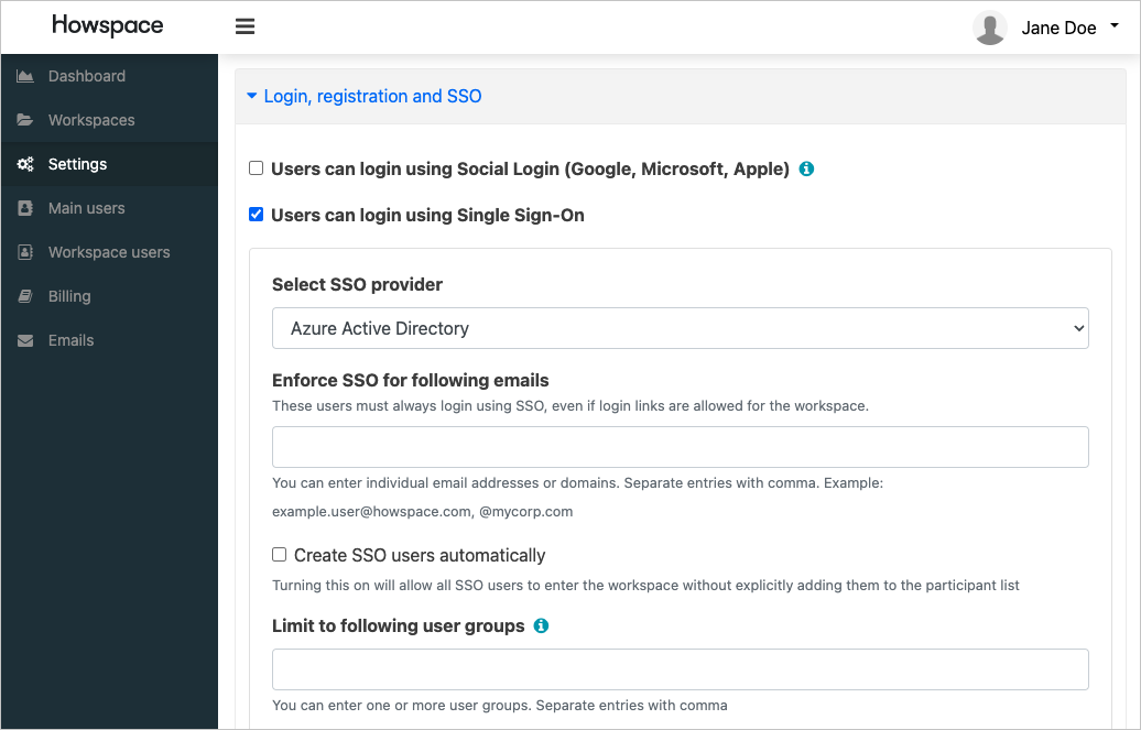 Screenshot of the Login, registration and SSO section in the Workspace default settings list.