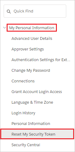 Screenshot shows Reset My Security Token selected from My Personal Information.